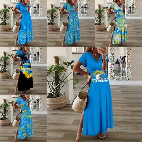 Los Angeles Chargers High Slit Summer Beach Dress Short Sleeve Long Sundresses Cover
