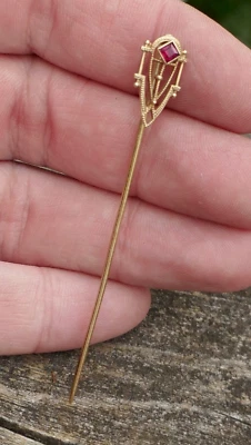 Antique Victorian Era 14k Yellow Gold & Red Stone Stick Pin - Image 1 of 4