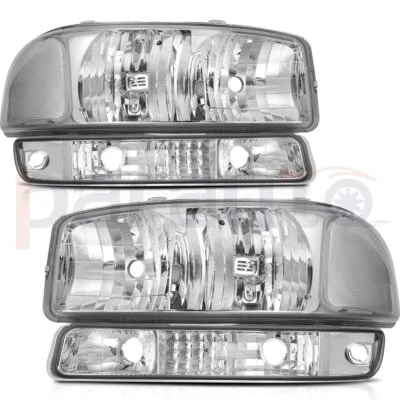 Headlight +Bumper Light For 99-07 GMC Sierra 00-06 GMC Yukon XL Chrome Headlamps - Image 1 of 4