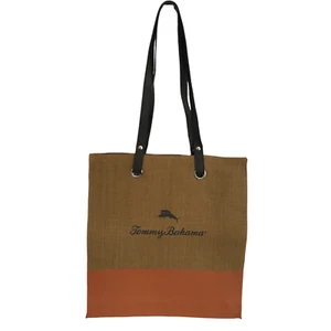 Tommy Bahama Canvas Tan Burlap Beach Shopping Tote Bag Spell Out Logo Orange - Picture 1 of 11