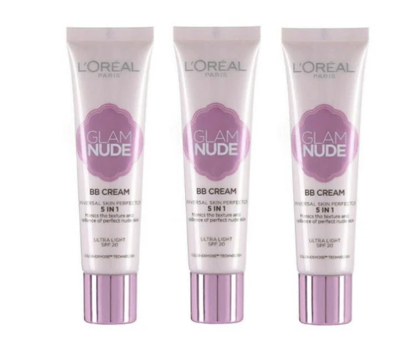 3 x L'OREAL GLAM NUDE BB CREAM 5 in 1 SKIN PERFECTOR - ULTRA LIGHT LSF 20
