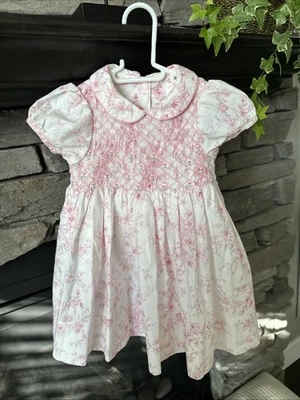 24 Months Pink White Dress Girls Smocked Embroidered Flowers Party Belted - Image 1 of 4