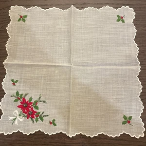 50s Vintage Hankie Poinsettia Christmas Scalloped Edge Z58 - Picture 1 of 9