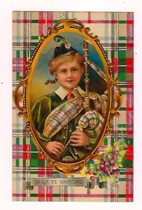 De Colección Postal de Año Nuevo Taran y Niño Joven Jugando BagPipes "To Gie Ye Greeting" - Imagen 1 de 2