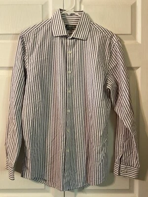 Kenneth Cole Reaction 男式正装衬衫 M 码 15 32-33 修身紫色条纹干-Tek — 第 1/4 张图片