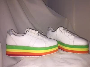 Very Volatile Women’s 8.5 Leather Jukebox White Platform Sneakers Retro Rainbow - Picture 1 of 12