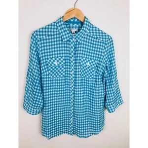 Croft & Barrow Seersucker Gingham Button-Up Shirt 3/4 Sleeve Casual Top Medium - Picture 1 of 9