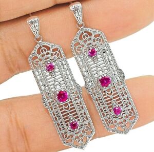 Pink Sapphire 925 Solid Sterling Silver Victorian Style Earrings Jewelry VA1