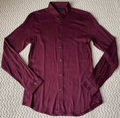 NUEVO CON ETIQUETAS ASOS Camisa de Vestir Borgoña Elastizada Viscosa Jersey Abotonada Talla S Foto 1 de 4