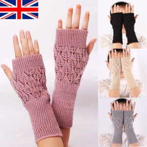 Womens Long Half Finger Fingerless Gloves Arm Hand Warmer Knitted Mittens Winter - Picture 1 of 31