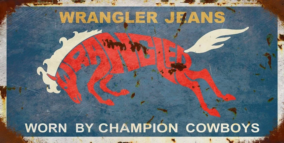 WRANGLER JEANS CHAMPION COWBOYS 24" HEAVY DUTY USA MADE METAL AGED ADV SIGN - Image 1 of 1