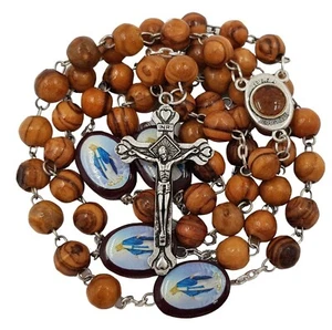 Olivenholz Perlen Rosenkranz Halskette mit katholischen Heiligen Perle Jesus Kreuz Kruzifix - Bild 1 von 4