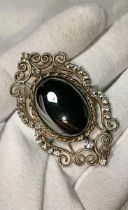 VTG Juliana Delizza & Elster Silver Tone Hematite Cabochon Filigree Pin Prooch - Picture 1 of 6