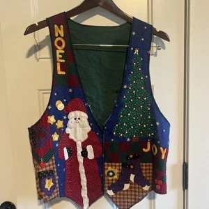 VTG 90s Ugly Christmas Vest Sz L Quilted Handmade Santa Grandma Holiday Cottage - Picture 1 of 5