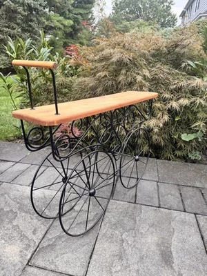 Wrought Iron & Wood Wagon Wheel Plant Stand  Indoor Outdoor Rustic Garden Decor - Image 1 of 4