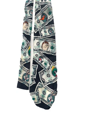 Vintage 1996 Looney Tunes Mania Neck Tie Hundred Dollar Bills Warner Bros - Image 1 of 4