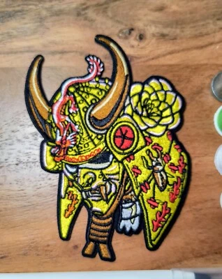 Samurai Kabuto Patch Helmet Yellow And Red Japanese Embroidered Iron On 5x3.5" - Image 1 of 3