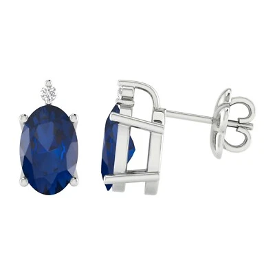 1.20Ct Lab Created Blue Sapphire & Natural Diamond 14k Gold Plated Stud Earrings - Image 1 of 4