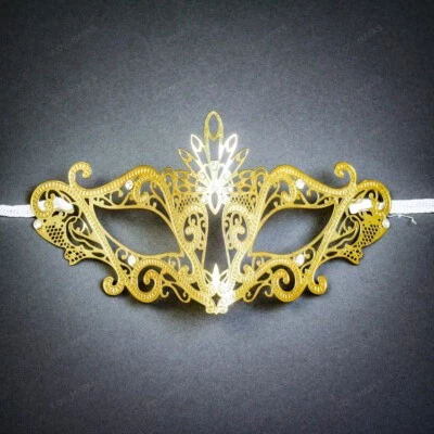 Gold Venetian Laser Cut Sexy Masquerade Women Party Masks with Silver Crystal - Image 1 of 4