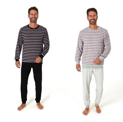 Neu Herren/Männer Frottee Schlafanzug/PYJAMA Schwarz/Grau Liniert Baumwolle 3802 - Bild 1 von 4