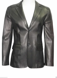 Men’s Genuine Lambskin Leather Blazer – Classic Black 2 Button Formal Coat - Picture 1 of 12
