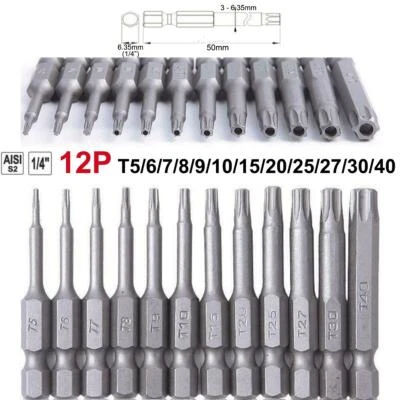 JUEGO DE 12 PIEZAS BROCAS DESTORNILLADORAS TORX SEGURIDAD MAGNÉTICA 5CM T5/6/7/8/9/10/15/20-40 - Imagen 1 de 4