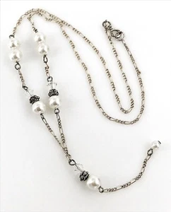 Collar Colgante de Cadena Fígaro de Plata Esterlina .925, Perla Imitada y Cristal - Imagen 1 de 7