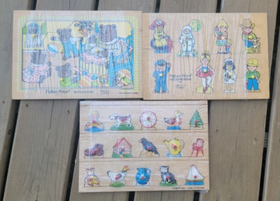 3 Vintage Fisher Price Community Wooden Puzzle & Peek Made in Holland - Image 1 of 4