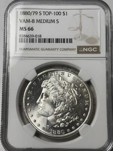 1880/79-S $1 NGC MS-66 Morgan Silver Dollar. Top 100 VAM-8 Medium S - Picture 1 of 3