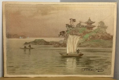 BARCOS DE PESCA ACUARELA JAPONESES ANTIGUOS ORIGINALES FUKUTARO TERAUCHI 6" X 9" Foto 1 de 4