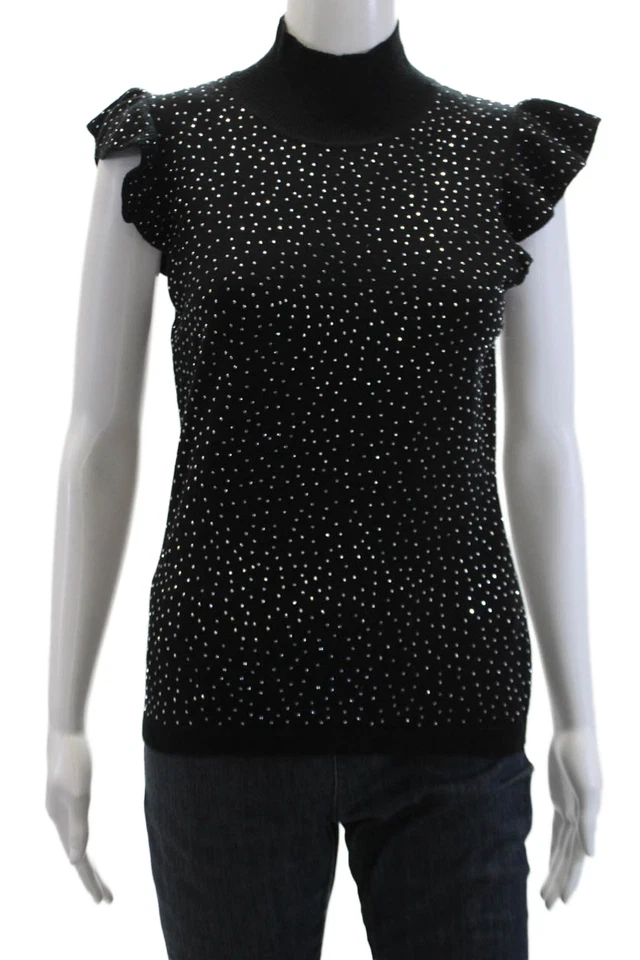 Generation Love Women's Turtleneck Cap Sleeves Rhinestone Blouse Black Size M - Image 1 of 4