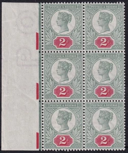 1887 JUBILÄUM SG200 2d GRAU GRÜN & KARMIN UNMONTIERT POSTFRISCH 6ER-RANDBLOCK - Bild 1 von 2