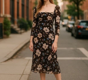 NWT Abercrombie & Fitch Navy Floral Emerson Chiffon Long Sleeve Midi Dress S - Picture 1 of 9
