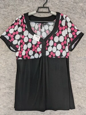 New Directions Top Womens Extra Large Pink Black Knit Short Sleeve Popover Dots - Image 1 of 4