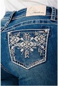 Grace in LA Women's Aztec Western Embroidered Stonewashed Bootcut Stretch Jeans - Picture 1 of 3