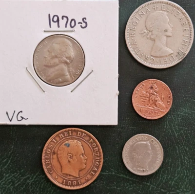 World Coins Lot of 5: 1891 Portugal, 1900 Swiss, 1902 Belgium, 1970 US, 1964 UK - Image 1 of 4