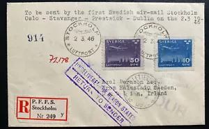 1946 Stockholm Sweden First ABA Flight Airmail Cover To Dublin Ireland FFC - Picture 1 of 2