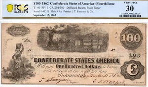 1862 $100 Confederate States of America T-40 PF-1 Note - PCGS VF30! Train Note! - Picture 1 of 4