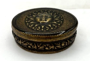 Cellestial Sun Embossed Faced Brass Colored Ornate Oval Metal Trinket Box Tiny - Picture 1 of 15