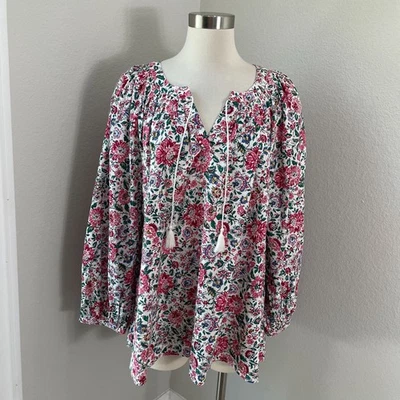 NOVA Blusa Camponesa Floral Antiga Marinha Feminina Extra Grande Algodão Rayon Branca Rosa Camisa Top - Imagem 1 de 4