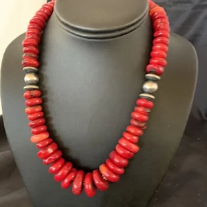 Native Navajo Graduated Red Coral Sterling Silver Bead 18" Necklace 11559 - Picture 1 of 12