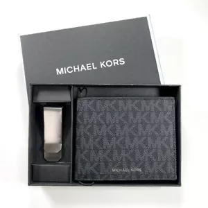 Michael Kors MK Men Black Logo Leather Bifold Billfold Slim Wallet w/ Money Clip - Picture 1 of 4