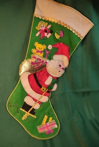 Vintage 1960s Handmade Large Christmas Stocking Pogo Stick Santa - Picture 1 of 5
