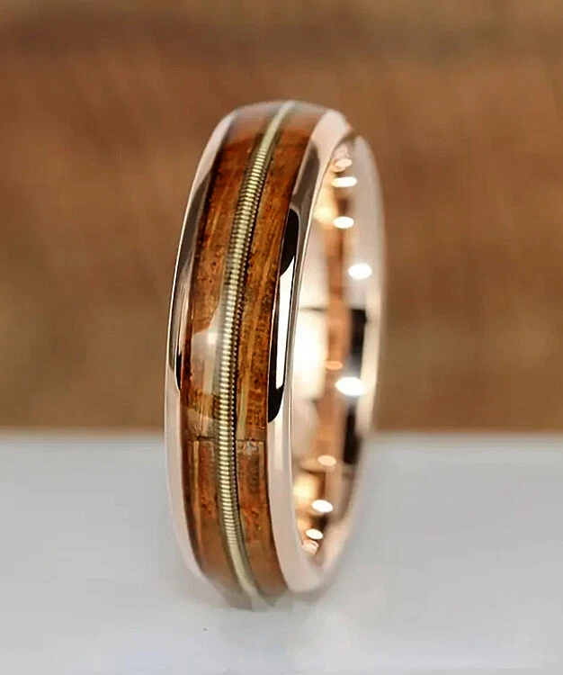 Women's Rose Gold Stainless Steel "Guitar String" Style & Natural Koa Wood Ring - Image 1 of 1