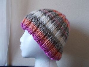 Hand knitted elegant & warm 100% wool beanie/hat, pink/beige/white/orange