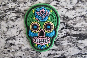 #5111E  Green Sugar Skull Biker Motorcycle Embroidery Iron On Appliqué Patch - Picture 1 of 1