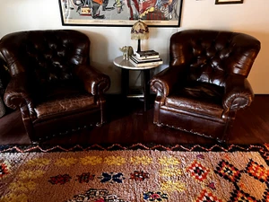 restoration hardware Churchill vintage classic leather tufted wingback chairs - Picture 1 of 6