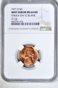 1971-D 5C Struck on 1C Blank Jefferson Nickel NGC MS64RD - Picture 1 of 3