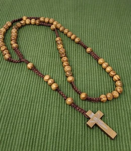 Rosary Necklace Unisex Wooden Brown Carved Beads Strong Cord Rope Catholic - Picture 1 of 9