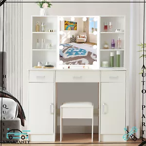 White Make Up Desk Stool Dressing Table Set 3 Drawers with 10 LED Lighted Mirror - Picture 1 of 11